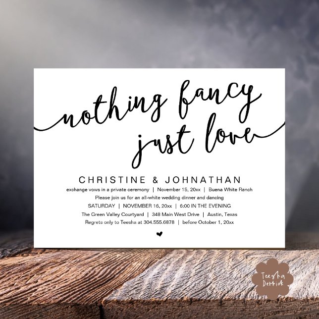 Invitation Rien De fantaisiste, Juste Amour, Mariage Elopemen (Nothing Fancy, Just Love, Wedding Elopement Party Invites Card PDF Modern Cottage Rustic Black White)
