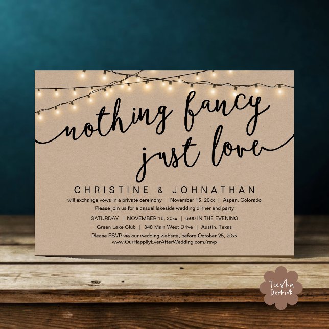 Invitation Rien De fantaisiste, Juste Amour, Mariage Elopemen (Nothing Fancy, Just Love, Wedding Elopement Party Invites Card PDF Rustic Cottage Light Brown Kraft)