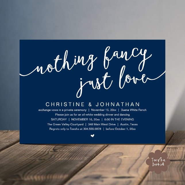 Invitation Rien De fantaisiste, Juste Amour, Mariage Elopemen (Nothing Fancy, Just Love, Wedding Elopement Party Invites Card PDF Modern Cottage Rustic Navy Blue)