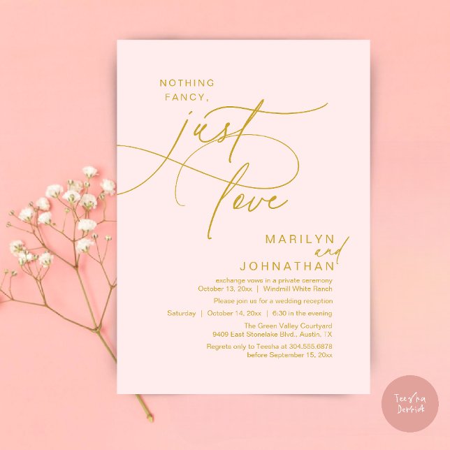 Invitation Rien de Fantaisiste, Juste de l'Amour, Dîner de Ma (Nothing Fancy, Just Love, Modern Romantic Wedding Reception Dinner Invites Card in Yellow Gold Blush)
