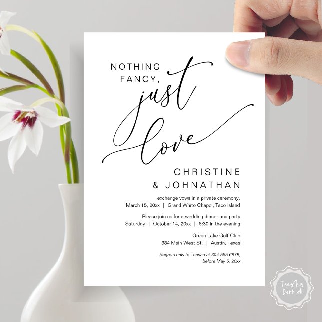 Invitation Rien de fantaisiste, juste de l'amour, dîner de ma (Nothing Fancy, Just Love, Wedding Elopement Dinner Party Invitation Card, PDF, White Black)