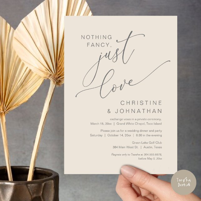 Invitation Rien de fantaisiste, juste de l'amour, dîner de ma (Nothing Fancy Just Love Wedding Elopement Dinner Party Lunch Brunch Invitation Card, PDF, Grey Cream)