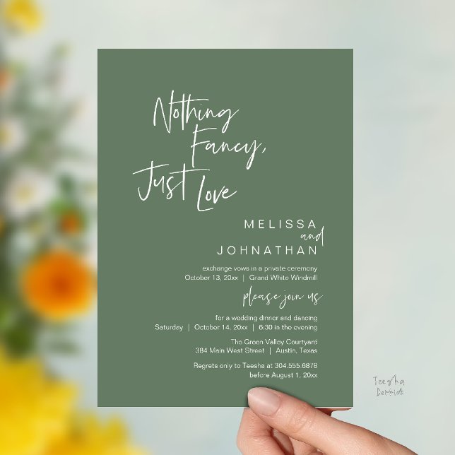 Invitation Rien de Fantaisiste Juste de l'Amour, Dîner de Mar (Nothing Fancy Just Love, Modern Wedding Dinner Invitation Card in Sage Green)