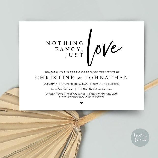 Invitation Rien de fantaisiste, juste de l'amour, Dîner d'élo (Nothing Fancy, Just Love, Wedding Elopement Dinner Invitation Card, PDF, in Black and White)