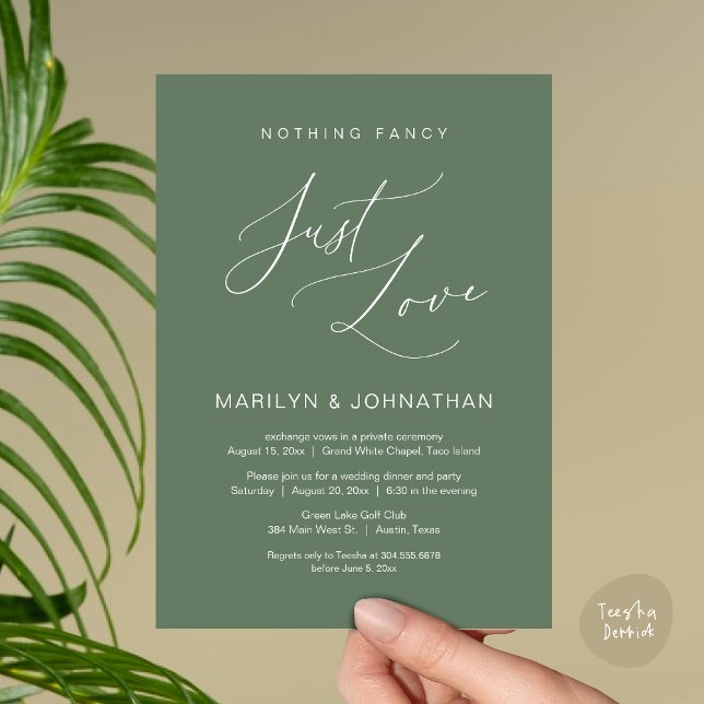 Invitation Rien de Fantaisiste, Juste de l'Amour, Dîner d'Élo (Nothing Fancy, Just Love, Wedding Elopement Dinner Brunch Lunch Party Invites Card PDF, Sage Green)
