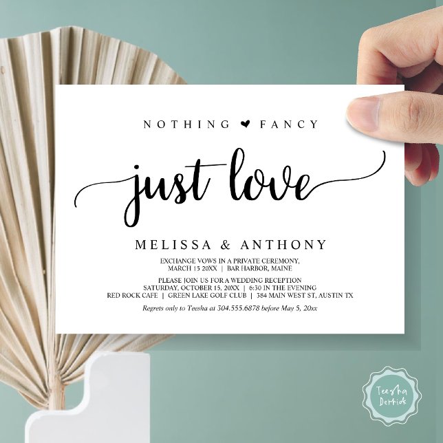 Invitation Rien de fantaisiste, juste de l'amour, Fugue, Mari (Nothing Fancy Just Love, Elopement, Rustic Wedding Invitation Card, in Black and White)