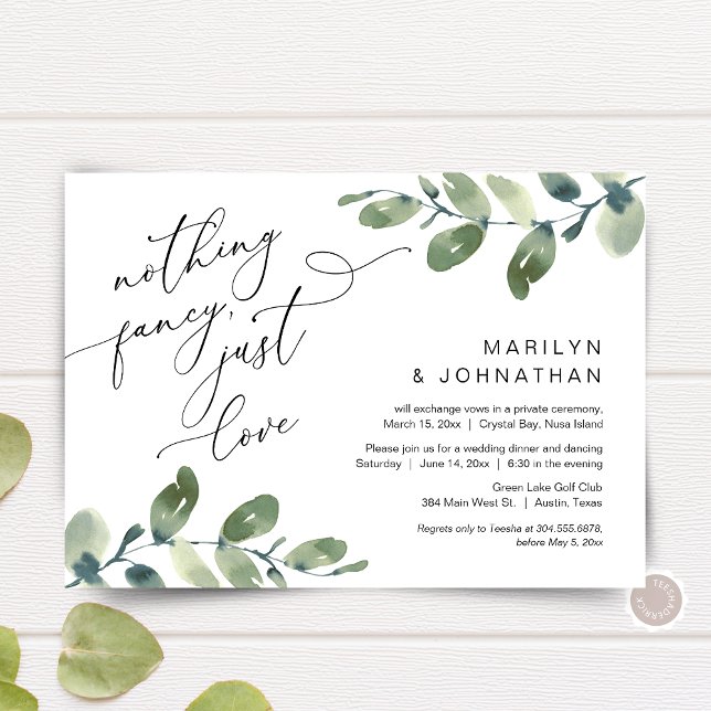Invitation Rien de fantaisiste, juste un dîner d'élopement d' (Nothing Fancy, Just Love, post Wedding Elopement Dinner Invitation, in Eucalyptus Greenery themed)