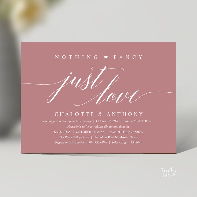 Invitation Rien de Fantasque, Juste de l'Amour, Réception Mod (Modern Classy Nothing Fancy, Just Love, Wedding Reception Dinner Invitation Card in Dusty Rose Pink)