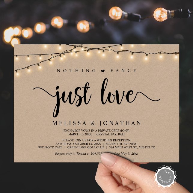 Invitation Rien de Fantastique, Juste de l'Amour, Mariage Int (Nothing Fancy, Just Love, Wedding Elopement Invitation Card, String Lights Brown Kraft, Downloadable)