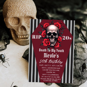 Invitation RIP 20 ans Crâne et Roses rouges Gothique 30e Anni