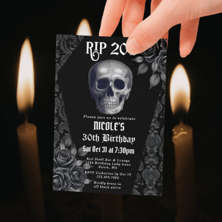 Invitation RIP 20 ans Crâne gothique noir et blanc 30e annive