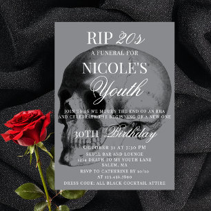 Invitation RIP 20 ans Crâne Minimaliste Thème Funéraire 30 an
