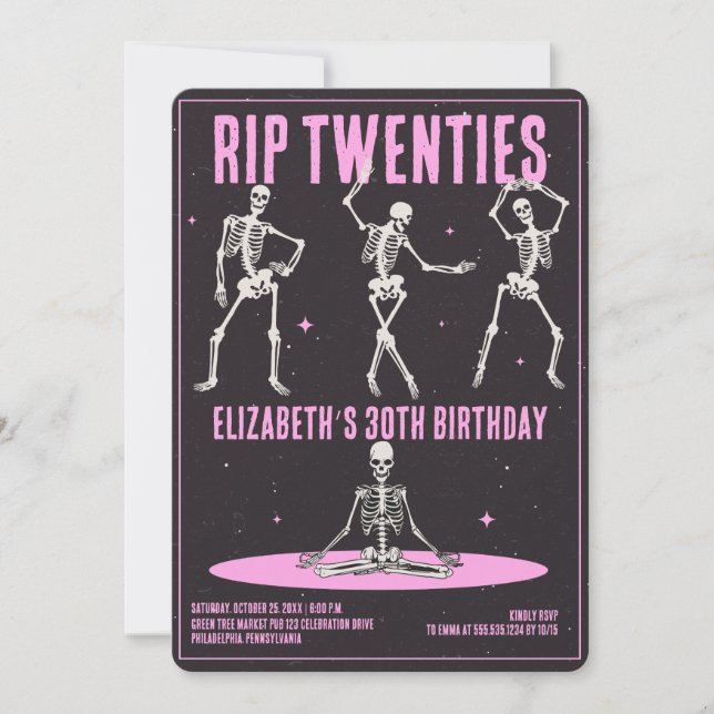 Invitation RIP 20s Black Pink Funny Skull 30e fête d'annivers (Devant)