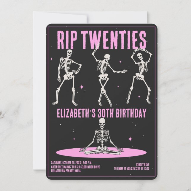 Invitation RIP 20s Black Pink Funny Skull 30e fête d'annivers (Devant)