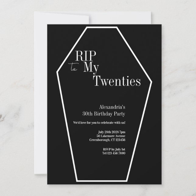 Invitation RIP 20s Gothique 30e Anniversaire Fête Noir et Bla (Devant)