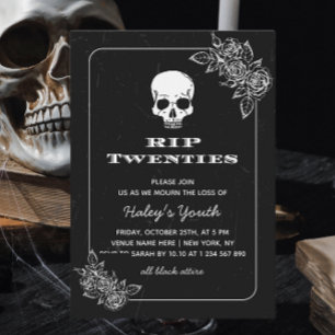Invitation RIP 20s Vingt ans Crâne Floral Noir 30e Anniversai
