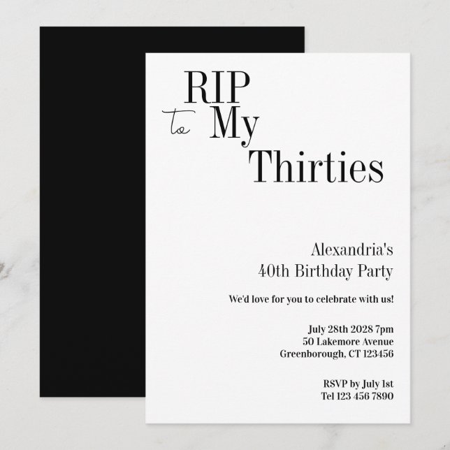 Invitation RIP 30s 40th Birthday Minimal Party (Devant / Derrière)