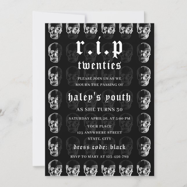 Invitation RIP Années 20's Funny Death Skull 30e Anniversaire (Devant)