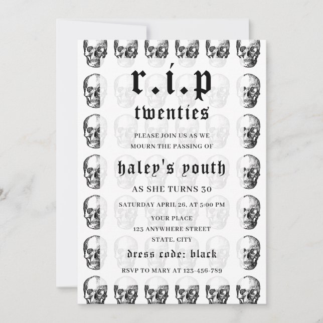 Invitation RIP Années 20's Funny Death Skull 30e Anniversaire (Devant)