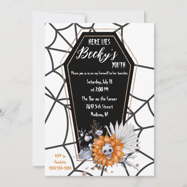 Invitation RIP Youth, mort à ma fête d'anniversaire des année (Devant)