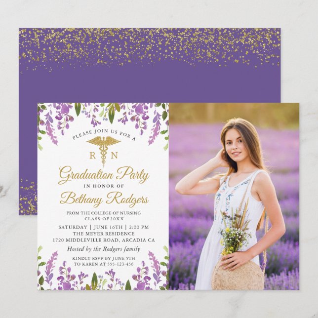 Invitation RN Diplôme en soins infirmiers Gold Purple Floral  (Devant / Derrière)