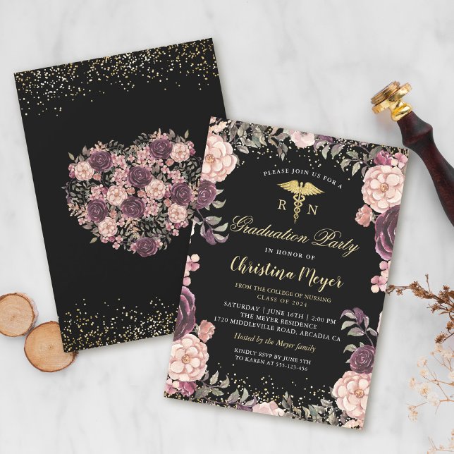 Invitation RN Nuring Graduation Party Bourgogne Floral Noir (Créateur téléchargé)