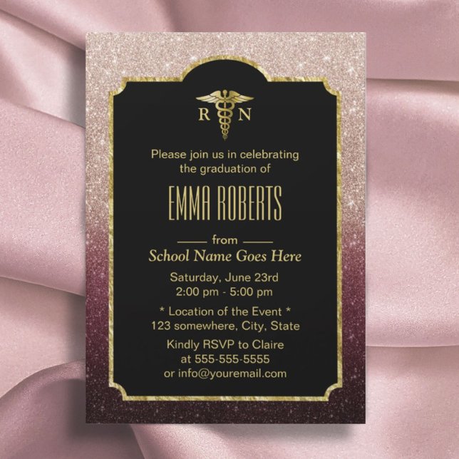 Invitation RN Nurse Graduation Moderne Bourgogne Rose Or (Créateur téléchargé)
