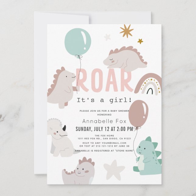 Invitation Roar C'est un Baby shower de dinosaure rose fille (Devant)