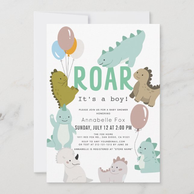 Invitation Roar C'est un Baby shower garçon Dinosaur (Devant)