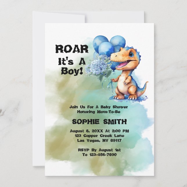 Invitation Roar C'Est Un Garçon T-Rex Baby shower Dinosaure (Devant)