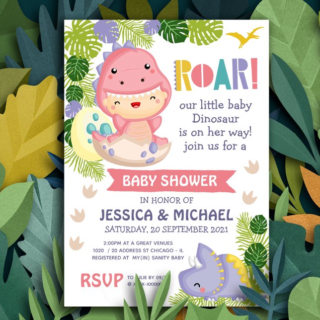 Invitation Roar C'est une fille Baby shower Dinosaure (Roar it's a dinosaur!)