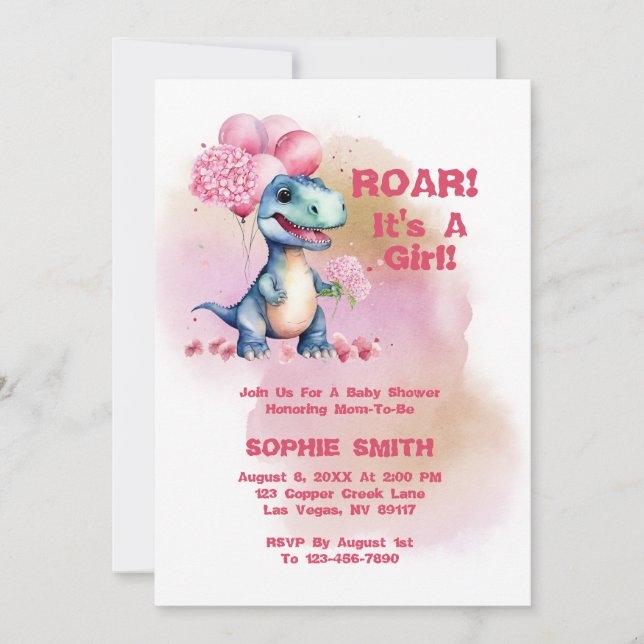 Invitation Roar C'est une fille T-Rex Baby Dinosaur (Devant)