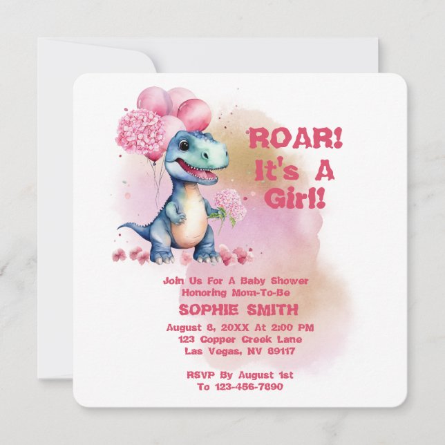 Invitation Roar C'est une fille T-Rex Baby Dinosaur rose (Devant)