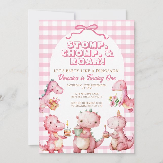Invitation Roar de compe rose 1er anniversaire Dinosaur (Devant)