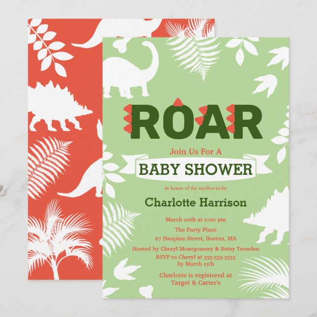 Invitation Roar Dinosaur & Jungle Foliage Baby shower (Devant / Derrière)