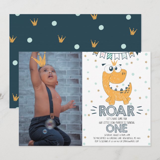 Invitation ROAR Dinosaur Premier anniversaire Photo Invitatio (Devant / Derrière)