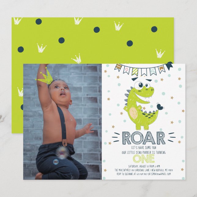 Invitation ROAR Dinosaur Premier anniversaire Photo Invitatio (Devant / Derrière)