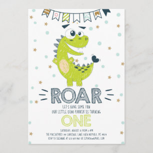 Invitation ROAR Dinosaure vert premier anniversaire