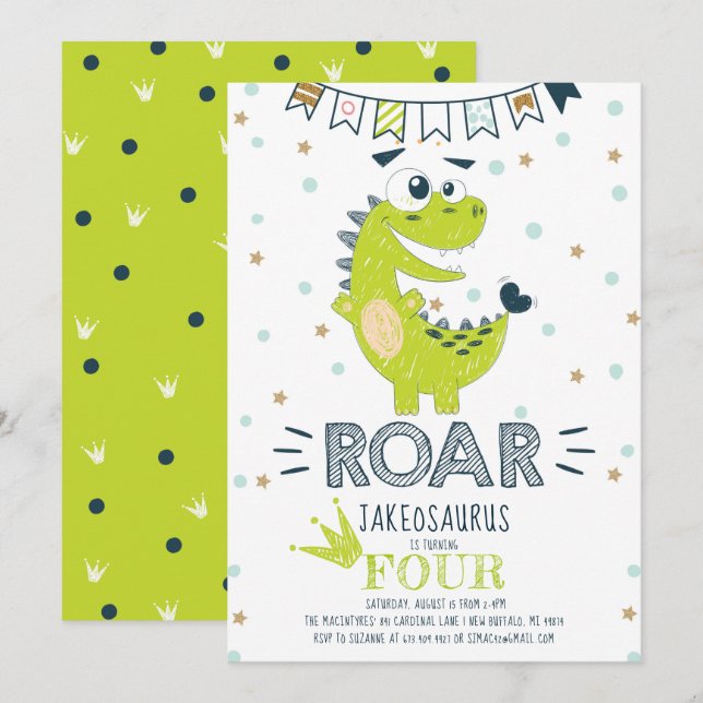 Invitation ROAR Green Dinosaur Anniversaire (Devant / Derrière)