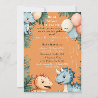 Invitation Roar Stomp Orange Little Dino Turning One Birthday