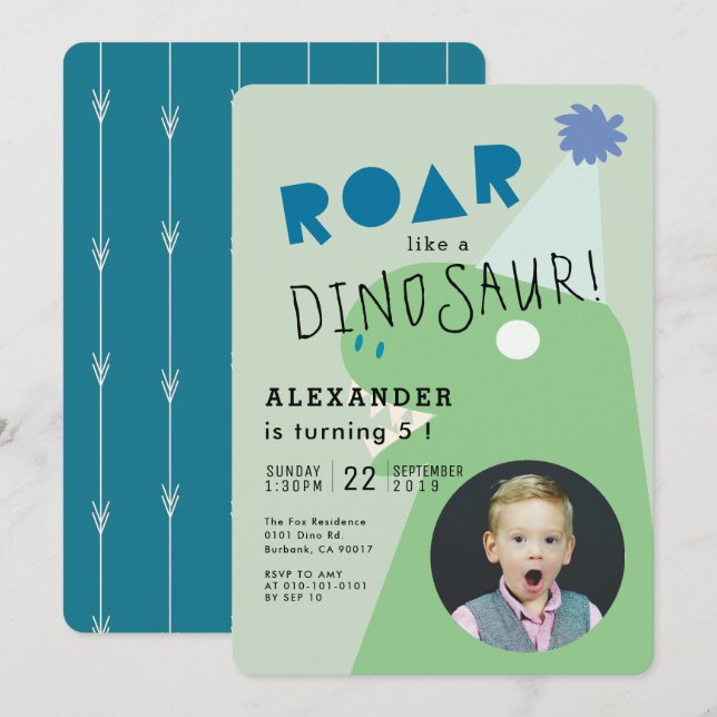 Invitation ROAR T-Rex Dinosaur Green Photo Anniversaire du ga (Devant / Derrière)