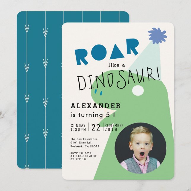 Invitation ROAR T-Rex Dinosaur Marine Bleu Photo de l'anniver (Devant / Derrière)