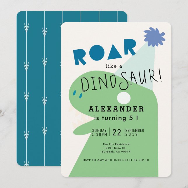 Invitation ROAR T-Rex Dinosaur Marine Blue Boy's Birthday (Devant / Derrière)