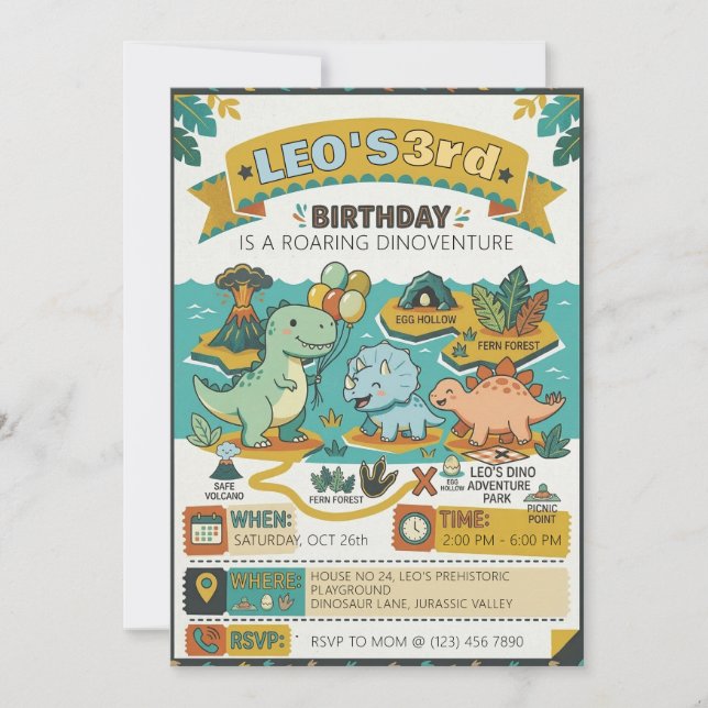 Invitation Roaring Dinosaur Adventure Map 3rd Birthday Party (Devant)