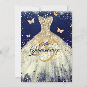Invitation Rob Navy Or Papillon Pailleté Or Robe Quinceanera
