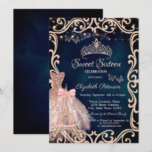 Invitation Robe à cadre de la Tour Eiffel Papillon Pailleté B