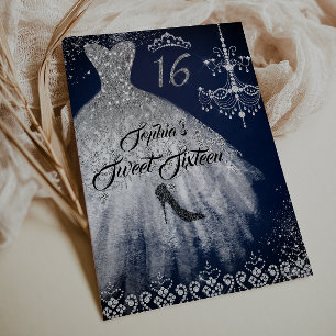Invitation Robe à diamants scintillants Navy Silver Sweet 16