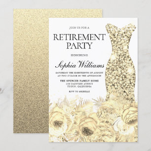 Invitation Robe à étincelle d'or & Fleurs Parti de retraite