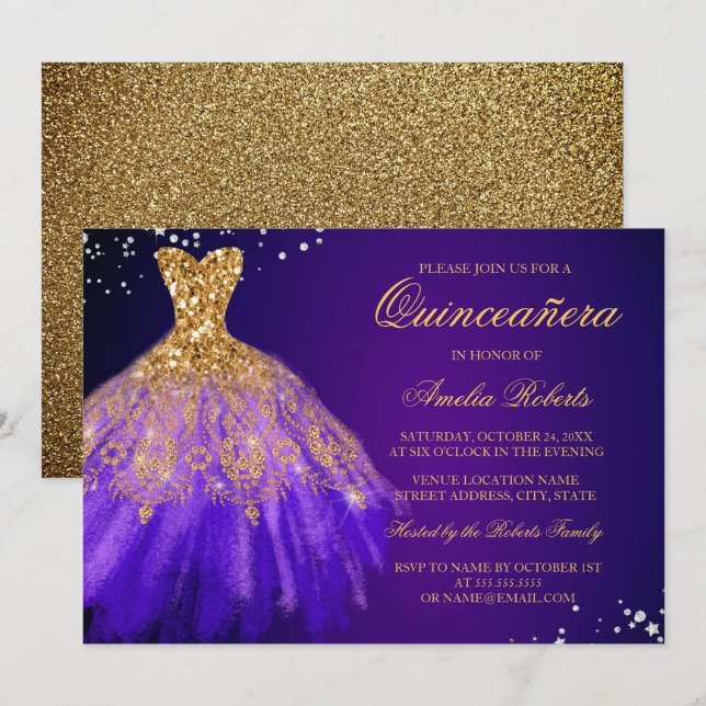 Invitation Robe à étincelle en or violet Quinceanera Invitati (Devant / Derrière)