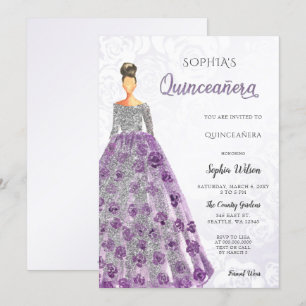 Invitation Robe à étincelles violette en argent Quinceanera